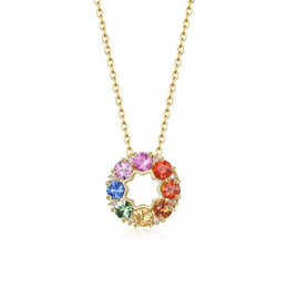 Rainbow Flower Multicolored Sapphire Circle 14K Yellow Gold Necklace