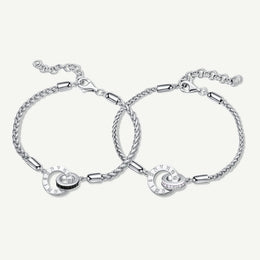 Roman Time Interlocking Circle Couples Sterling Silver Wheat Chain Bracelets