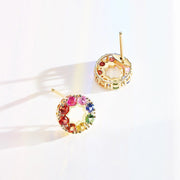 Rainbow Flower Sapphire Circle 14k Yellow Gold Studs
