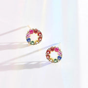 Rainbow Flower Sapphire Circle 14k Yellow Gold Studs
