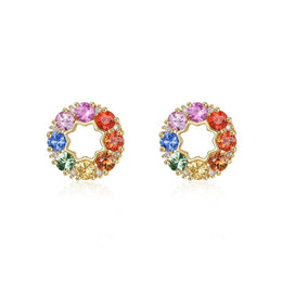 Rainbow Flower Sapphire Circle 14k Yellow Gold Studs